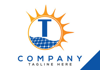 Letter T with solar panel and sun sign Logo Design Vector Template.