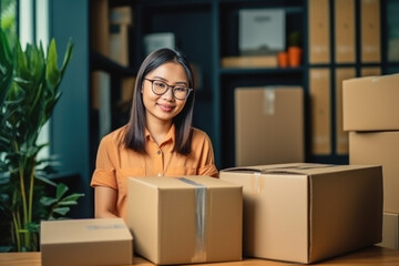 Naklejka premium asian woman Sell products online at home Talk on the phone and prepare a cardboard box or package for online delivery.