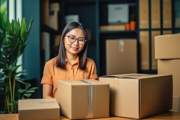 asian woman Sell products online at home Talk on the phone and prepare a cardboard box or package for online delivery.