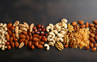 almonds, walnuts, cashews, hazels, pine nuts on grey snowy background top view
