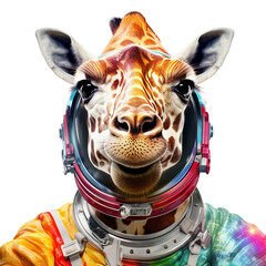 Watercolor giraffe, png, print, Giraffe astronaut in outer space, clear image, hyper-realistic, bright colourful saturated colours, on white background 