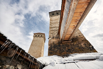 Towers of Mestia village in Svaneti region in Georgia in winter 