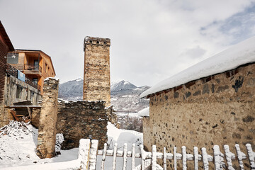 Towers of Mestia village in Svaneti region in Georgia in winter 