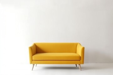 soft empty yellow sofa stands on white isolated background, comfortable fabric couch is alone against the background of white wall, copy space. generative ai.