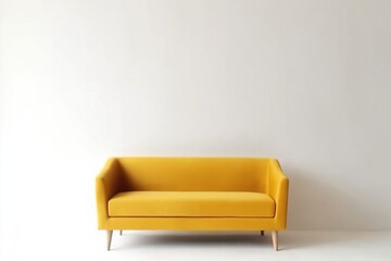 soft empty yellow sofa stands on white isolated background, comfortable fabric couch is alone against the background of white wall, copy space. generative ai.