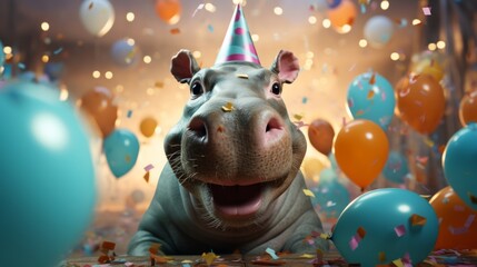 Happy cute animal friendly Hippopotamus wearing a party hat celebrating at a fancy newyear or birthday party festive celebration greeting with bokeh light and paper shoot confetti surround party - obrazy, fototapety, plakaty