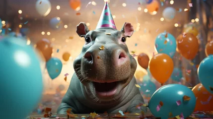 Foto op Aluminium Happy cute animal friendly Hippopotamus wearing a party hat celebrating at a fancy newyear or birthday party festive celebration greeting with bokeh light and paper shoot confetti surround party © VERTEX SPACE