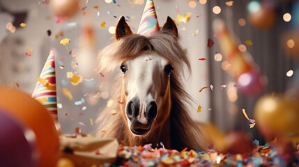 Happy cute animal friendly horse wearing a party hat celebrating at a fancy newyear or birthday party festive celebration greeting with bokeh light and paper shoot confetti surround happy lifestyle - obrazy, fototapety, plakaty