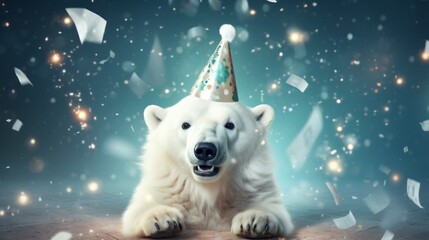 Happy cute animal friendly pola bear wearing a party hat celebrating at a fancy newyear or birthday party festive celebration greeting with bokeh light and paper shoot confetti surround party - obrazy, fototapety, plakaty