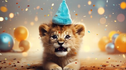 Happy cute animal friendly lion wearing a party hat celebrating at a fancy newyear or birthday party festive celebration greeting with bokeh light and paper shoot confetti surround happy lifestyle