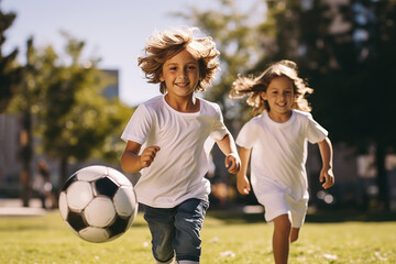 Joyful Siblings Playing Soccer in Sunlit Park
