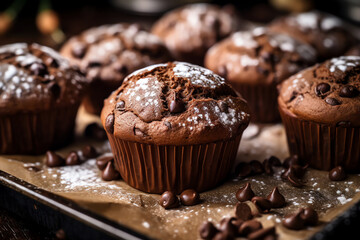 Freshly baked chocolate muffins on a metal tray. Aromatic, homemade treats ready to enjoy