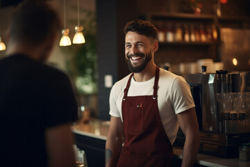 A happy young barista is talking and giving advice about drinking coffee at a coffee shop. - obrazy, fototapety, plakaty