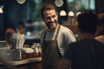 A happy young barista is talking and giving advice about drinking coffee at a coffee shop. - obrazy, fototapety, plakaty