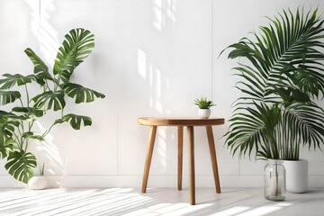 Wooden round side table with green tropical plant leaves with beautiful sun light and shadow on white wall - obrazy, fototapety, plakaty