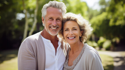 Sunlit Smiles, Middle-Aged Couple Radiates Happiness, Posing on a Sunny Day Filled with Joy.