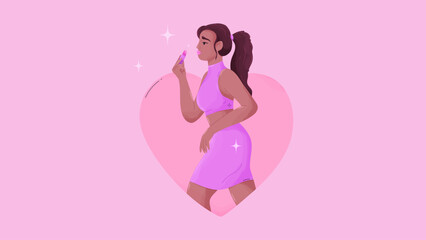 Beautiful girl with lipstick. Young stylish woman in pink trendy clothes with a bag. Trendy pink aesthetic. Vector illustration in flat cartoon style.