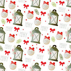Pattern with lamps, red berries, medallions with a red bow and fir branch