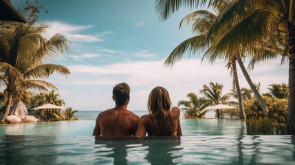 Couple enjoying beach vacation holidays at tropical resort with swimming pool and coconut palm trees near the coast with beautiful landscape.  - obrazy, fototapety, plakaty