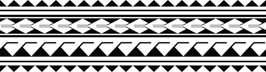 Polynesian vector seamless tribal tattoo border. Tribal  tattoo geometric fore arm samoan.  Tattoo  illustration fore arm bracelet.band. - obrazy, fototapety, plakaty