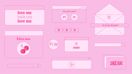 Retro pink computer browsers . Set of retro pink browsers with old computer message boxes and interface elements. Nostalgic 80s 90s vintage aesthetic. Vector illustration in flat style.