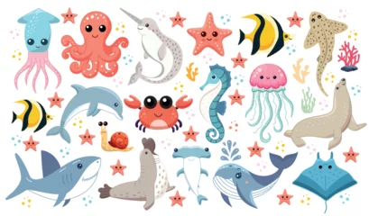 Fotobehang In de zee Cute sea animals, set of illustrations with aquatic inhabitants of the ocean, octopus and narwhal, starfish and yellow fish, dolphin and crab, seahorse and jellyfish, blue whale and squid