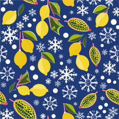 Vector christmas pattern 
with citrus fruits lemons and snowflakes
 on a blue background. 2024 New Year's fashion
ornament for fabric, paper, textiles, notepad,
clothing, card, packaging.