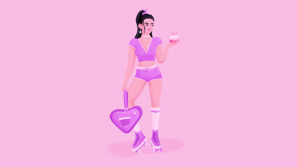 Roller skate girl. Sporty roller skating women with cake. Vector illustration in cartoon style.