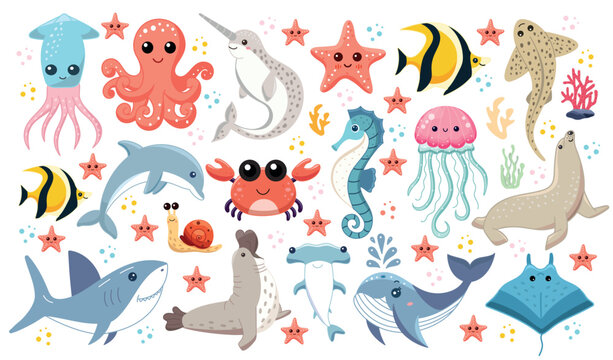 Cute sea animals, set of illustrations with aquatic inhabitants of the ocean, octopus and narwhal, starfish and yellow fish, dolphin and crab, seahorse and jellyfish, blue whale and squid