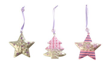 Christmas decoration on white background, isolated. Christmas star and Christmas tree decorations in pink and gold colors.