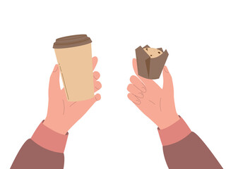 Hands holds paper coffee cup and muffin. Modern flat vector illustration isolated on white background