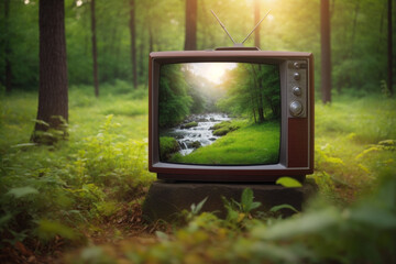 Retro TV set in the forest with a beautiful landscape in the background
