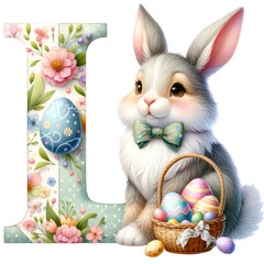 Easter bunny with eggs the letter ' L '  watercolor Number ,Alphabet Clipart, Decor cut out transparent isolated on white background ,PNG file ,artwork graphic design illustration.