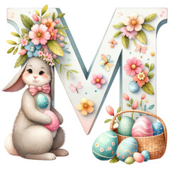 Easter bunny with eggs the letter ' M '  watercolor Number ,Alphabet Clipart, Decor cut out transparent isolated on white background ,PNG file ,artwork graphic design illustration.