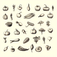 Simple sketch silhouette drawing of vegetables Generative AI 