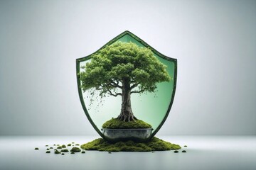 small green tree and shield on white background, symbolizing environmental protection, nature defender, safeguarding