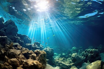 Fototapeta na wymiar Deep Blue Ocean, Sun Rays, Rocky Seabed Mesmerizing Underwater Scene