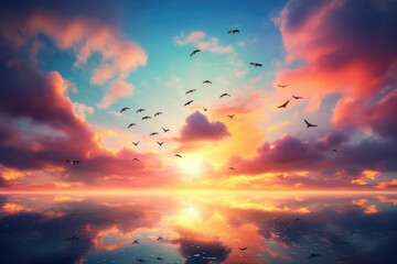 Peaceful Sky With Sunrise, Birds Flying Abstract Backdrop