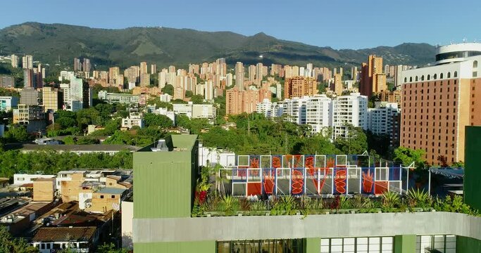 Aerial film for the colored buildings in Medellin city.