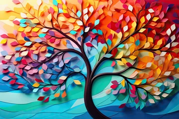 Foto op Plexiglas Elegant Colorful Tree with Vibrant Leaves Hanging Branches, Illustration Wall Art Background. Bright Color 3D Abstraction Wallpaper for Interior Mural Painting and Wall Art Decor © DreamStock