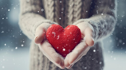 Wool Knitted Red Heart Shape Love on Female Hands, Snowy Winter Background. Perfect for Valentine's Day, Birthday, Holiday Greetings Card, and Web Banner