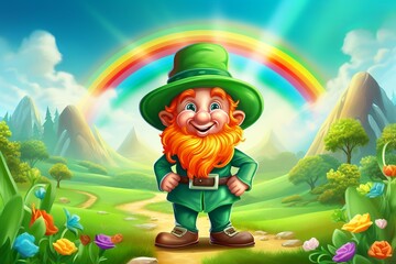 cartoon irish elf in green clothes standing in front of a rainbow