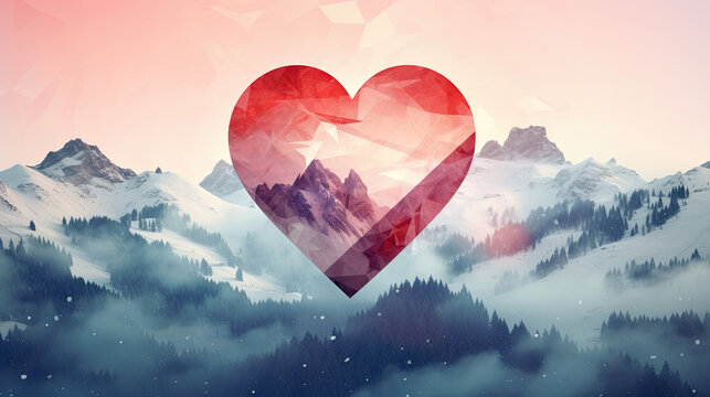 Double Exposure Red Heart with Love on Winter Landscape Mountains Poster, Valentine's Day Illustration Background. Perfect for Valentine's Day, Birthday, Holiday Greetings Card, and Web Banner