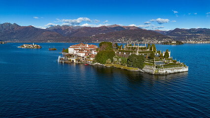 Naklejka na ściany i meble Aerial view of the Borromee islands on Lake Maggiore