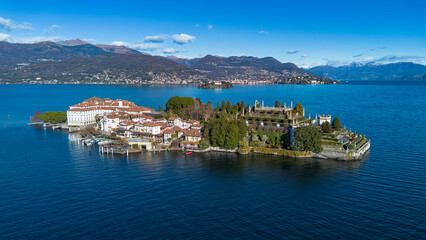 Aerial view of the Borromee islands on Lake Maggiore