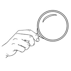 The hand holds the magnifying glass in search of something, vector linear illustration, hand drawing