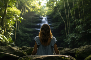 A young woman wearing casual clothes enjoys a natural waterfall in the forest. woman closes her eyes Feel relaxed and take a deep breath in the fresh air.