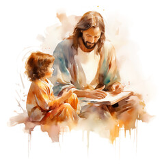 Watercolor Jesus with children 