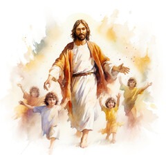Watercolor Jesus with children 