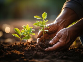 Hands nurturing young plants in soil with warm sunlight, conveying growth, care, and sustainability.
